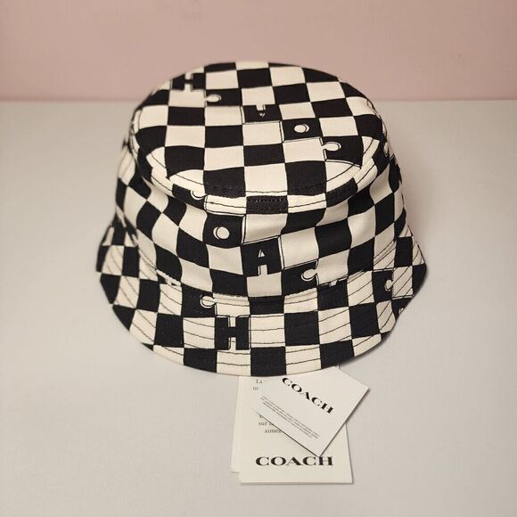 NWT Coach CS586 Checkerboard Print Bucket Hat Black White Cream XS/S - Picture 2 of 4